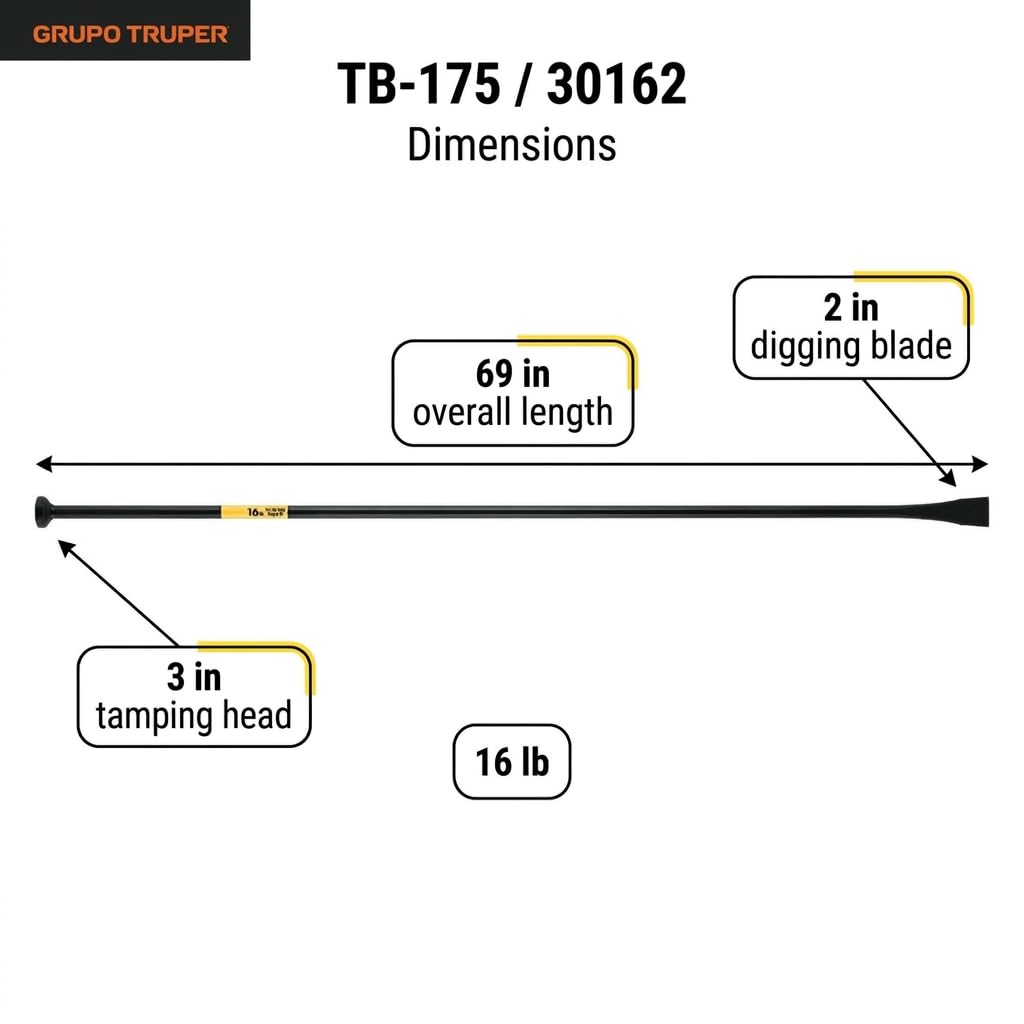 Truper tamping bar 16-pound end-to-end for firm backfill and soil compaction.