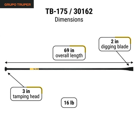 Truper tamping bar 16-pound end-to-end for firm backfill and soil compaction.