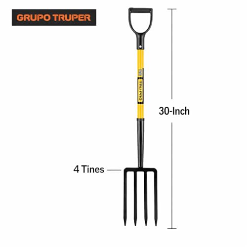Truper spading fork with fiberglass handle provides reach and durability for outdoor tasks.
