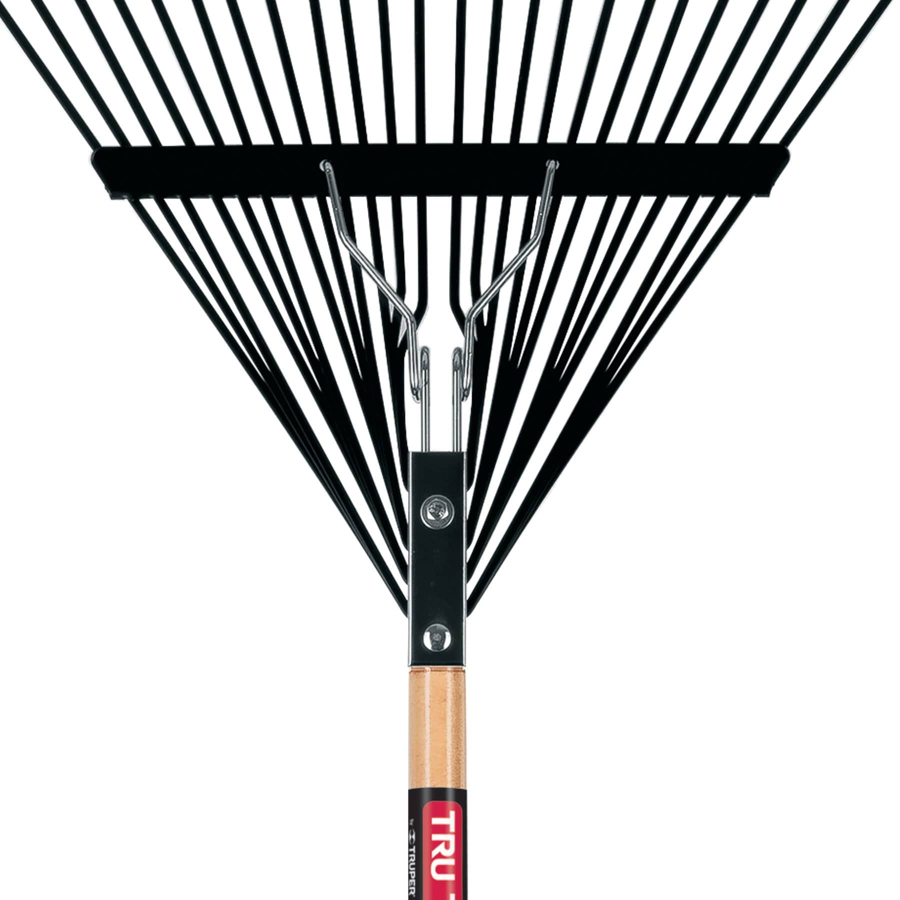 Truper TruPro steel leaf rake showing the 54-inch wood handle for extended reach