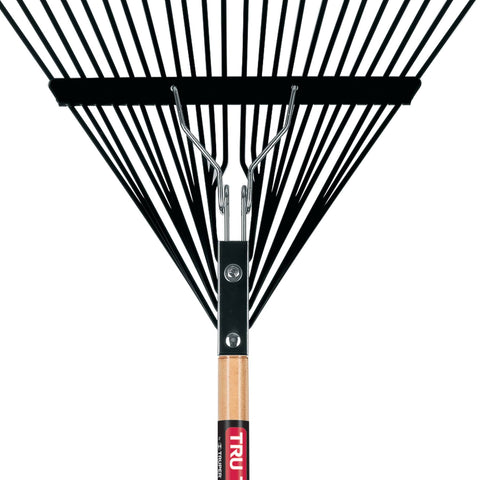 Truper TruPro steel leaf rake showing the 54-inch wood handle for extended reach
