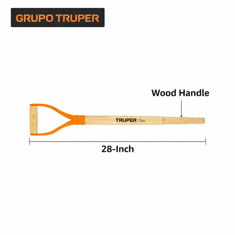 Truper Y-grip handle detail shows ergonomic control during digging