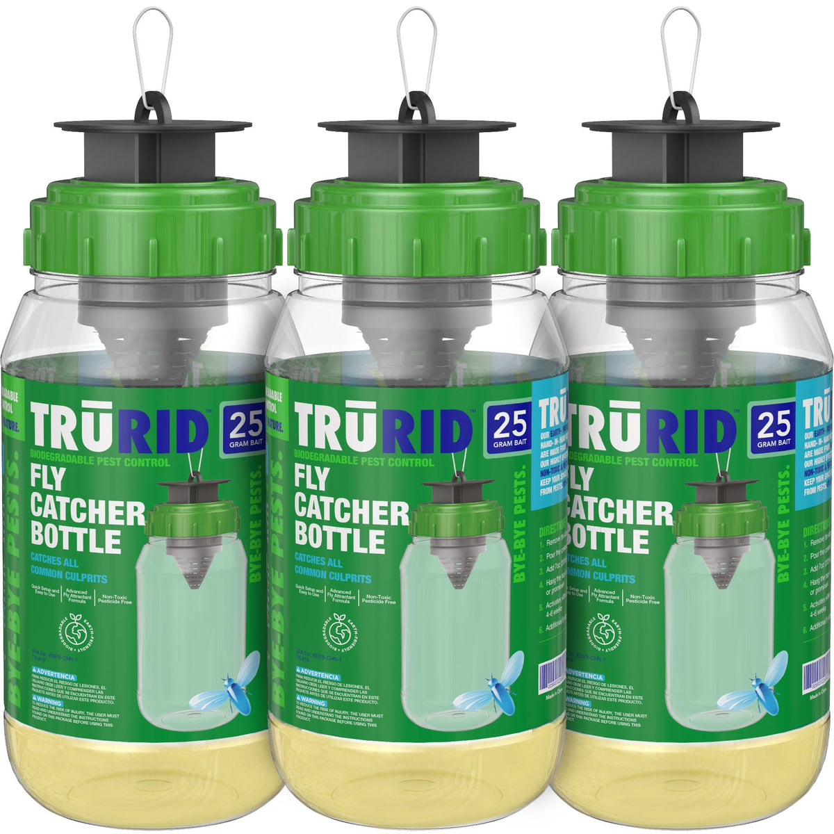 TRURID Fly Traps Outdoor 3-pack bottle ready for garden, attracts and captures flies.
