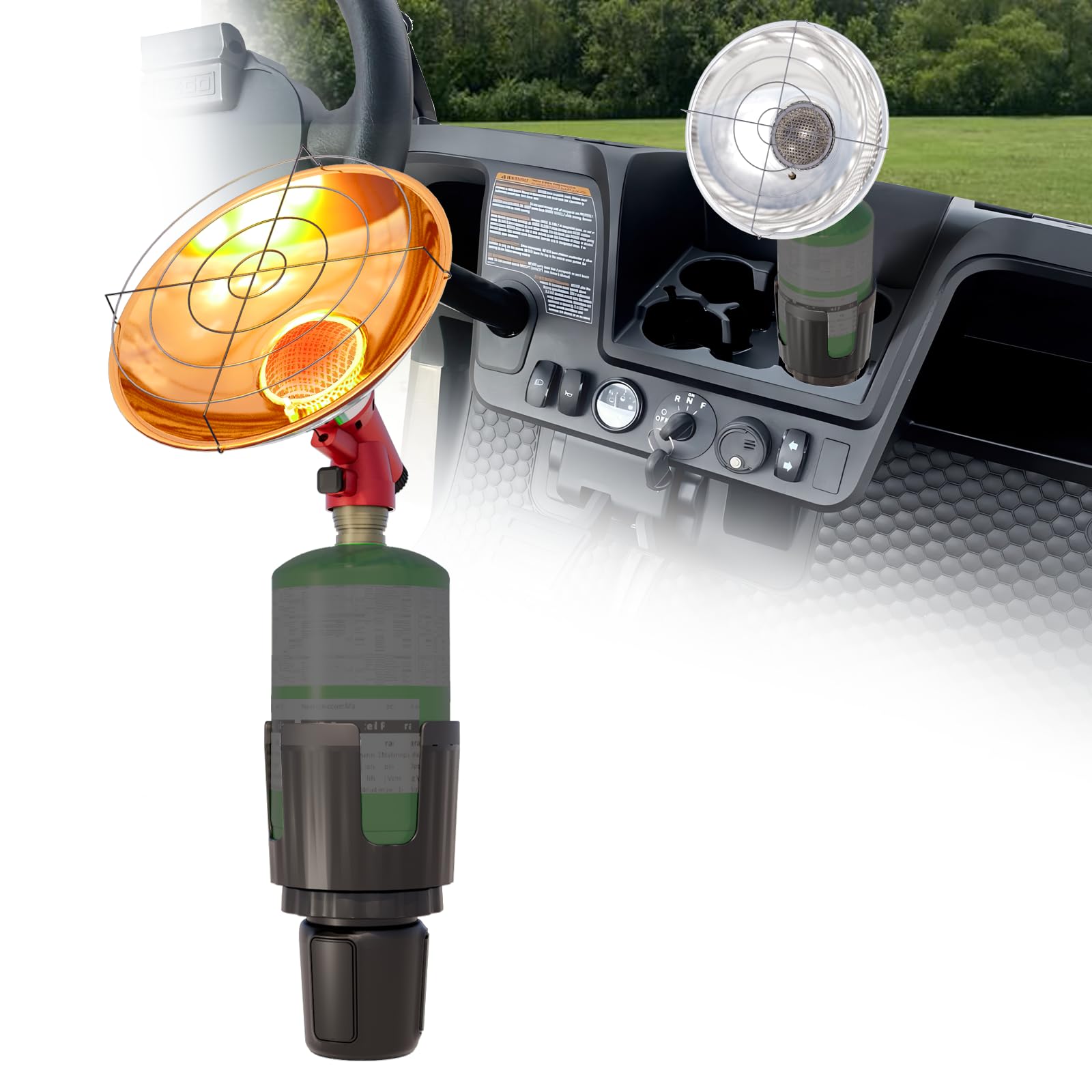 Truwild Upgraded Outdoor Propane Heater heat-control dial demonstrates precise heat tuning for golf carts.
