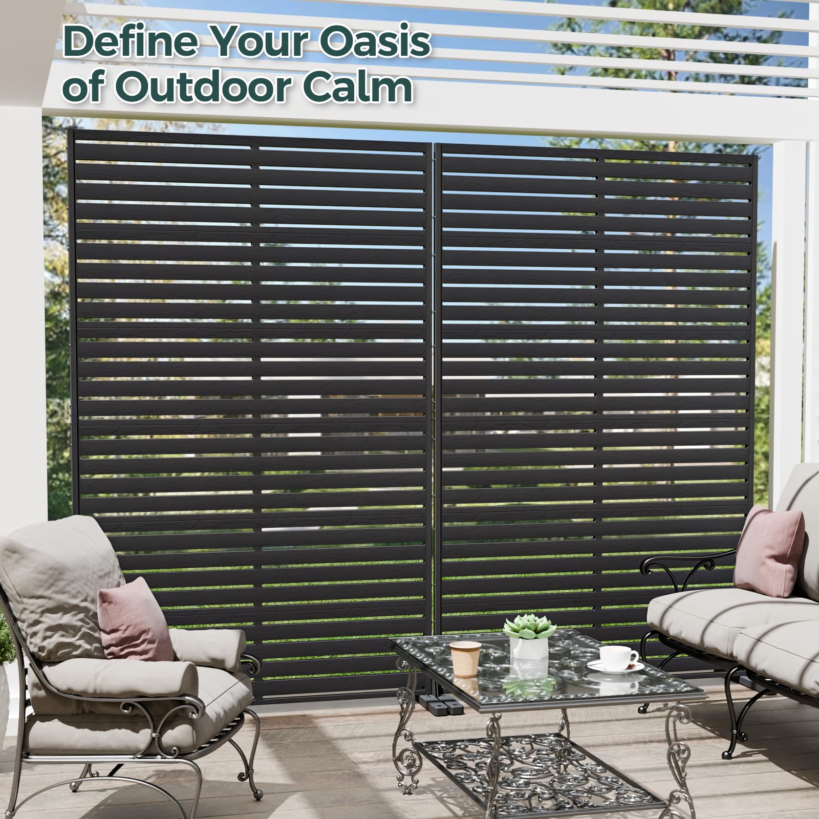 Trygoal louver-pattern panel adds stylish privacy to patios.