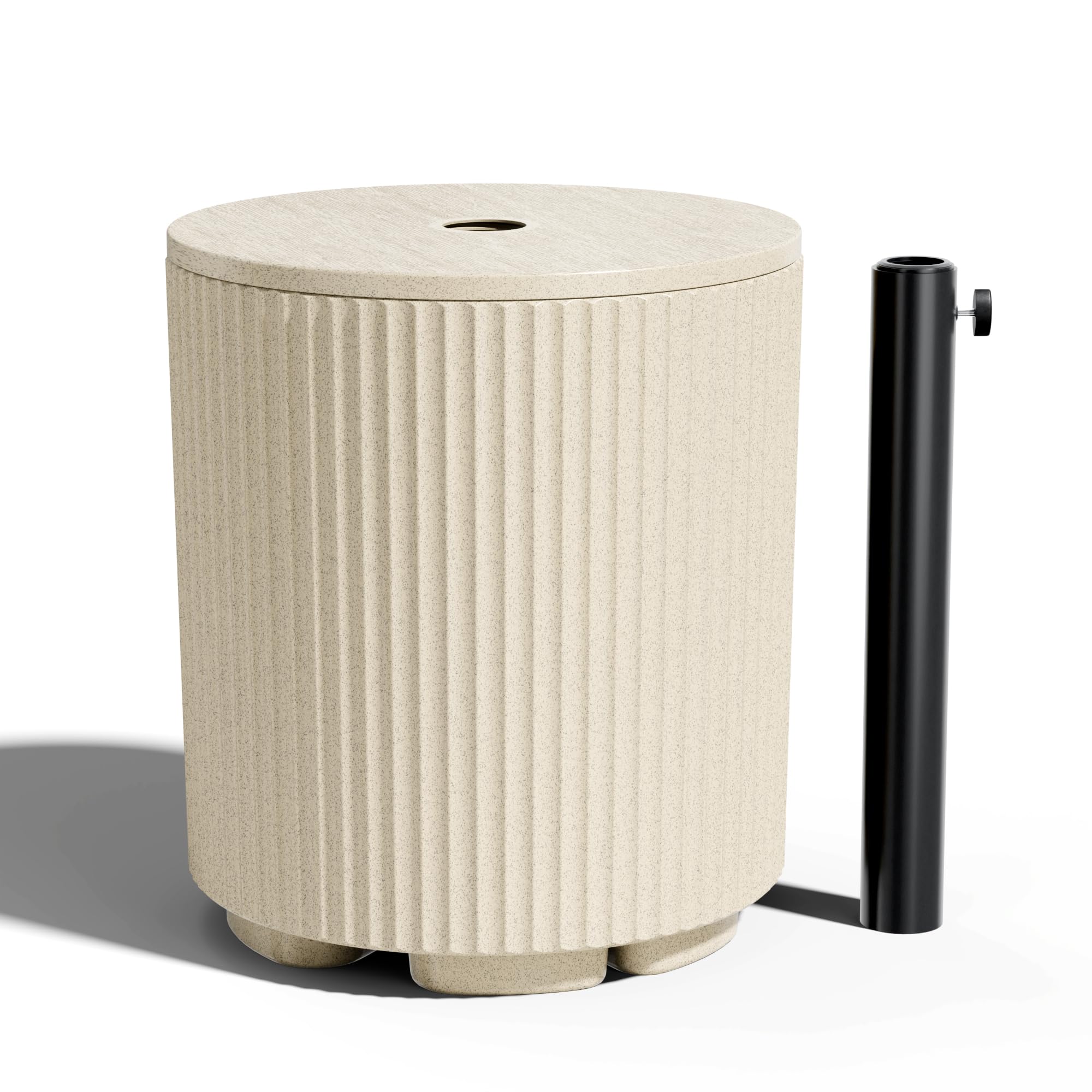 Trygoal outdoor side table with umbrella hole provides a stable surface for drinks.