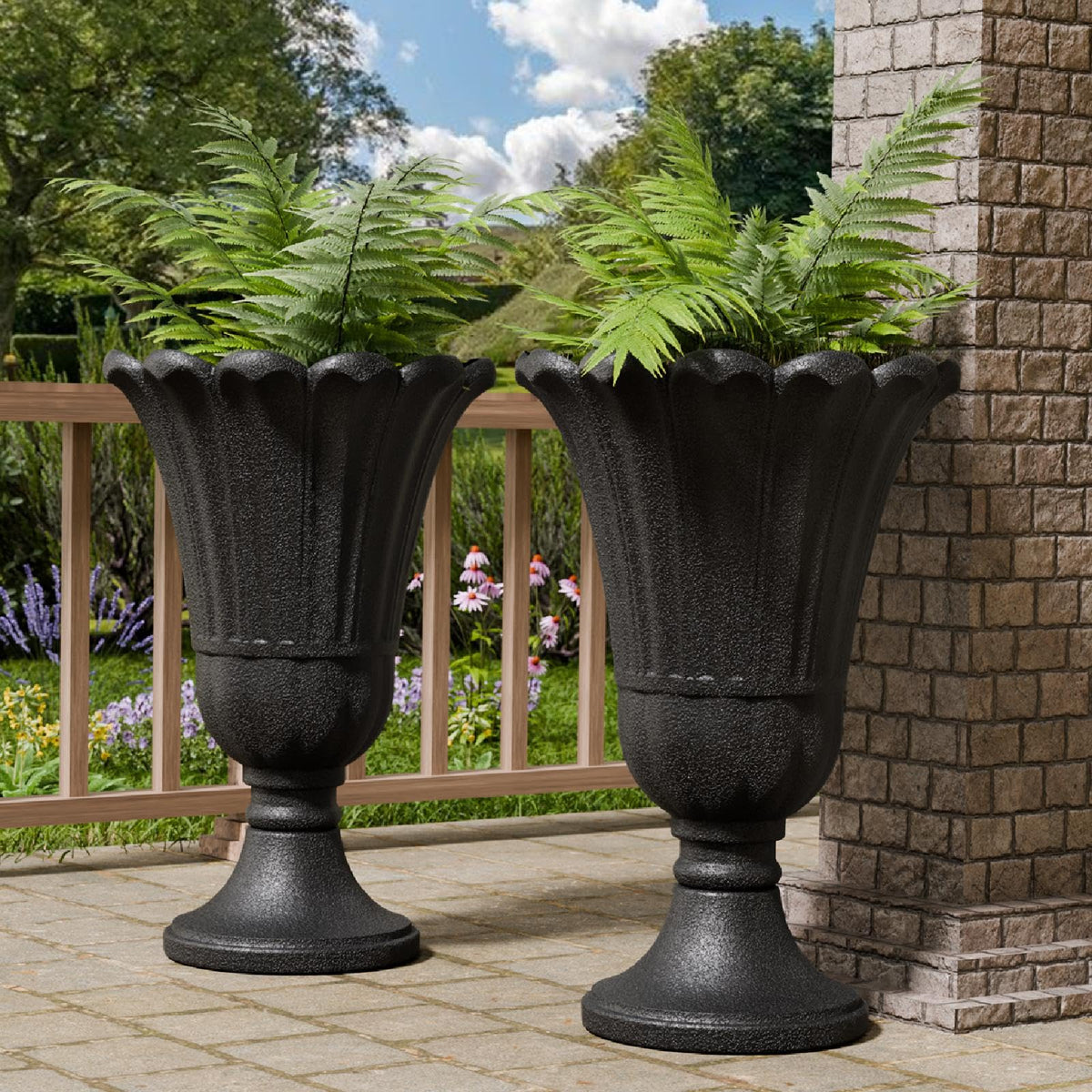 Trygoal tall urn planter outdoor front view ready for bold blooms