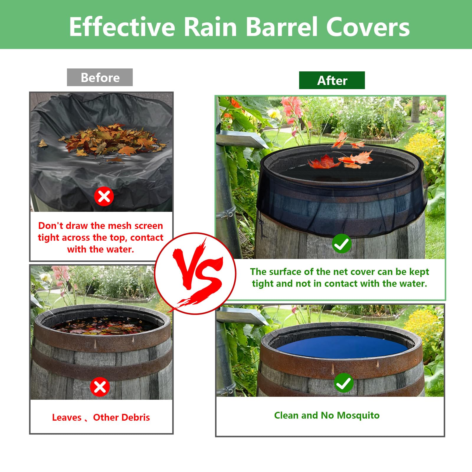 Tryly drawstring edge cover secured to rain barrel for wind resistance