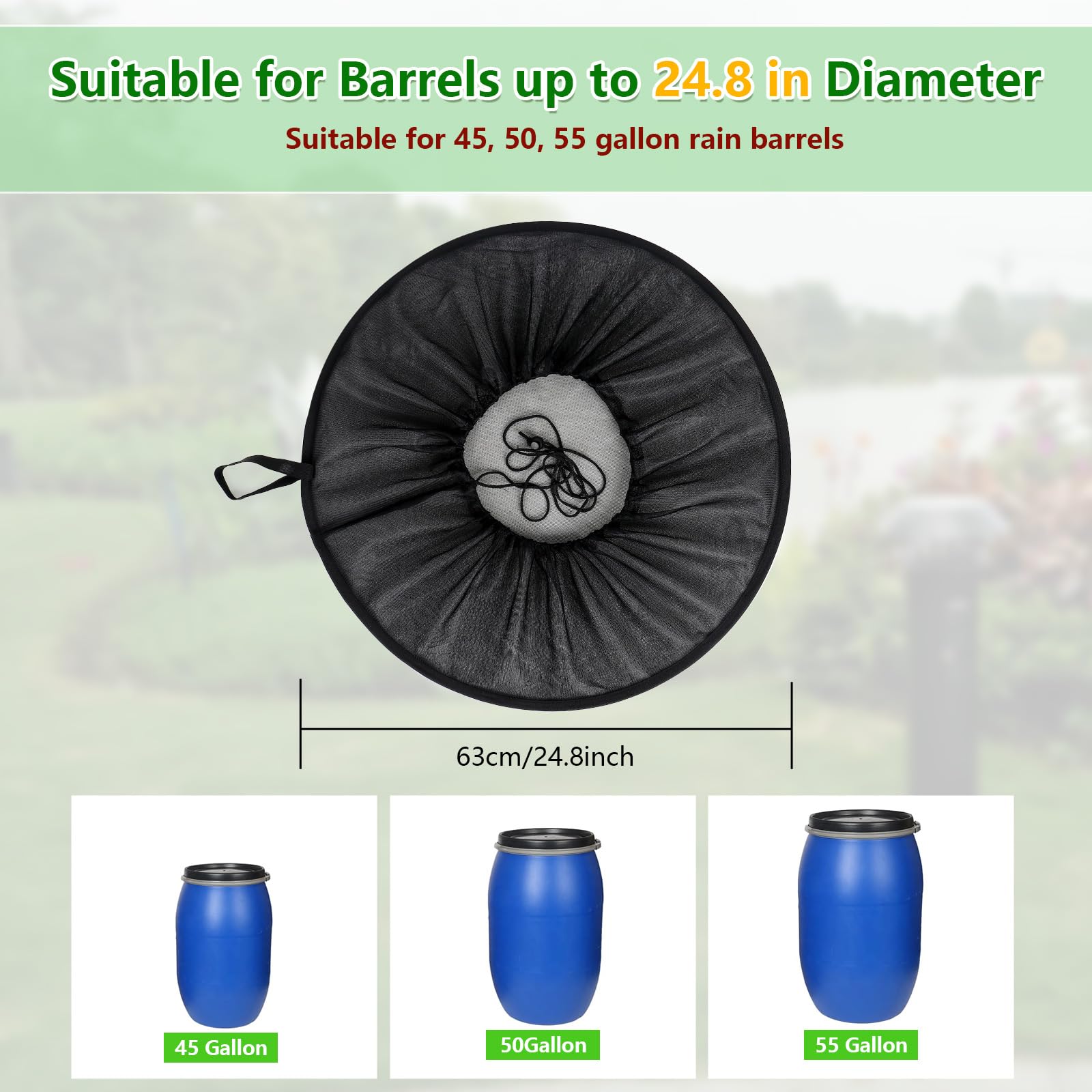 Tryly pop-up net cover over rain barrel protects water without touching surface