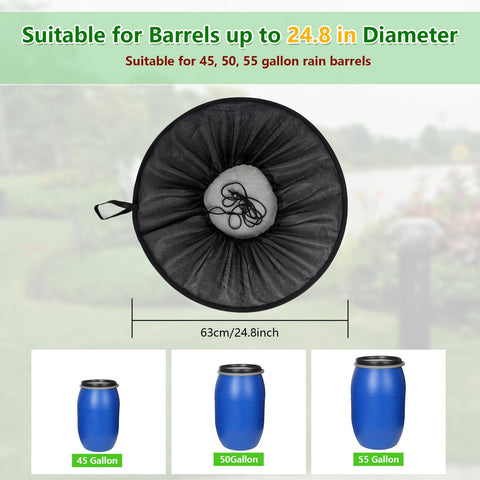 Tryly pop-up net cover over rain barrel protects water without touching surface