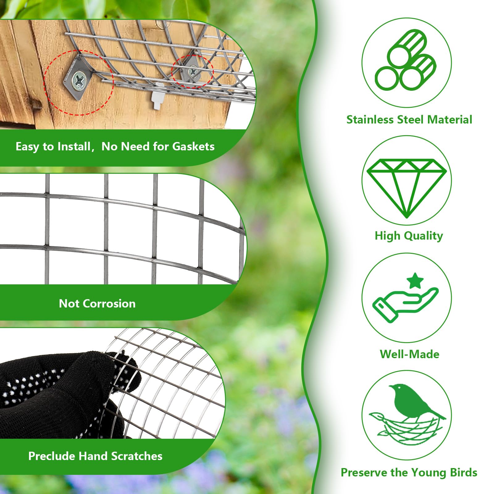 Tryly stainless steel bird house guard protects nest from larger intruders and weather.