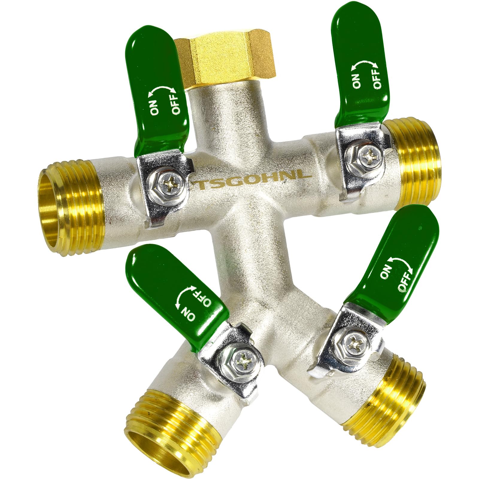 TSGOHNL heavy-duty brass hose splitter front view highlighting rugged four-way design.