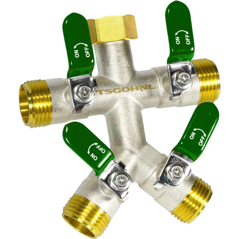 TSGOHNL heavy-duty brass hose splitter front view highlighting rugged four-way design.