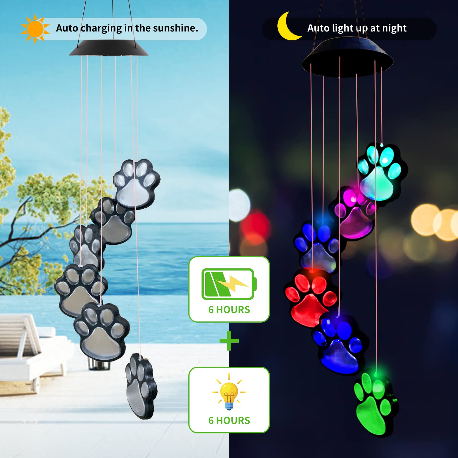 TSIPEKLO Color-Changing LED Paw Print Wind Chime adds garden ambiance after dusk.