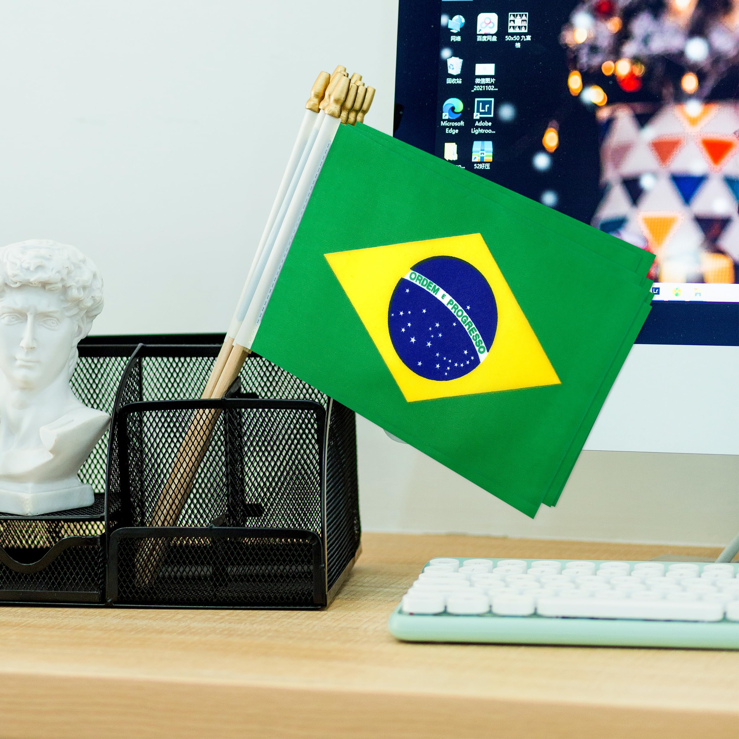 TSMD Brazil flag used as decor on desk, cup, garden, or party space.
