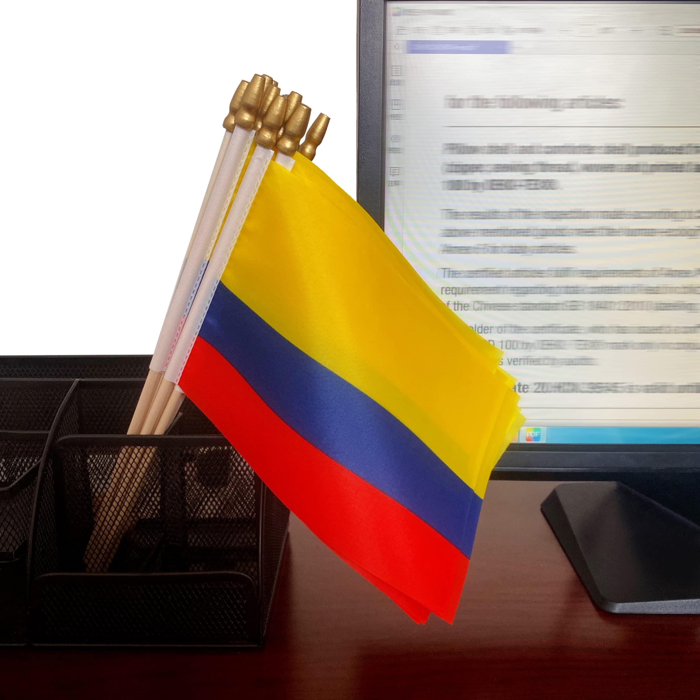 TSMD Colombia flag decorative use on desks, cups, and garden displays.