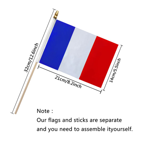 TSMD France flag on wood stick close-up, durable stitching for reuse
