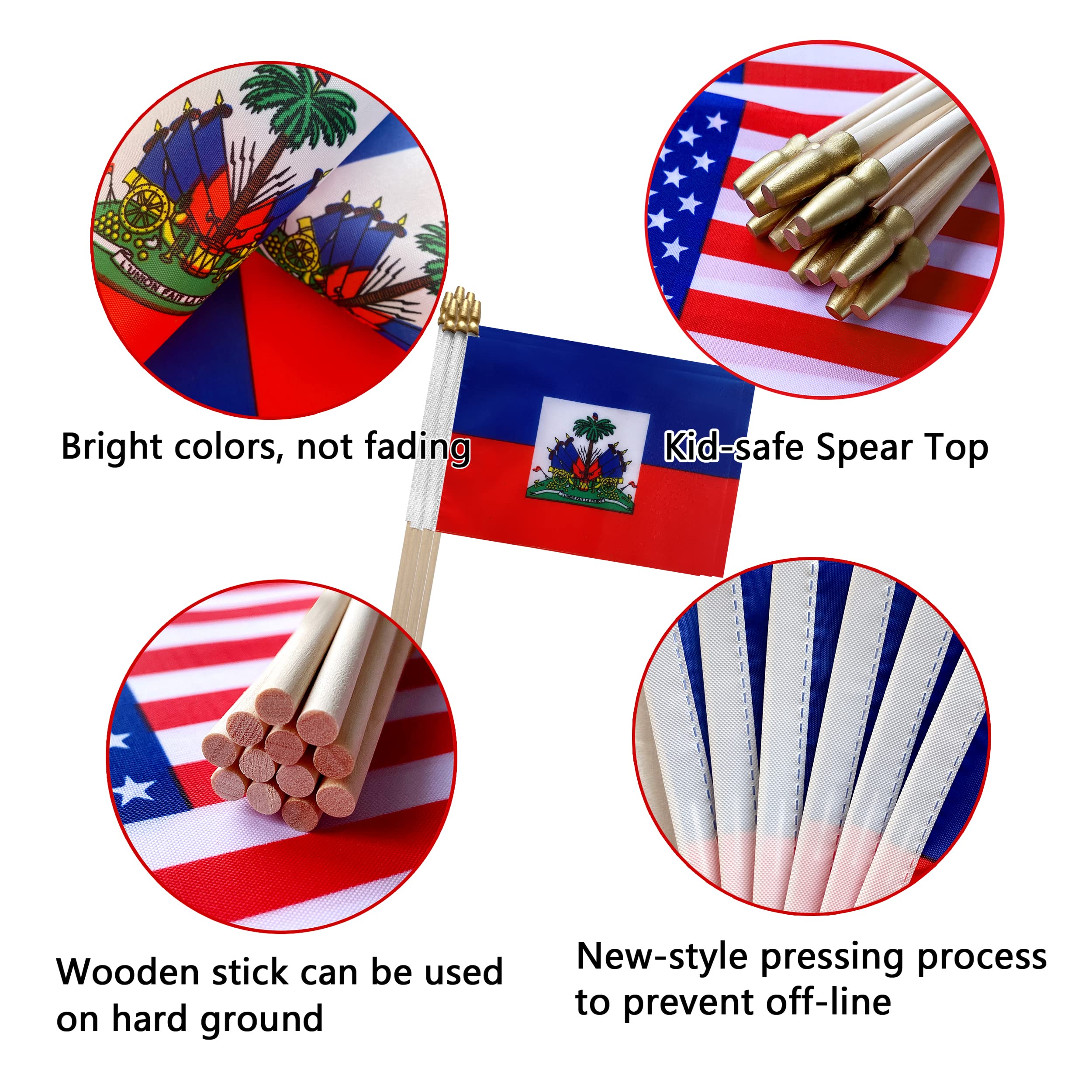 TSMD Haiti flag stick 12-pack flag detail with reinforced stitching.