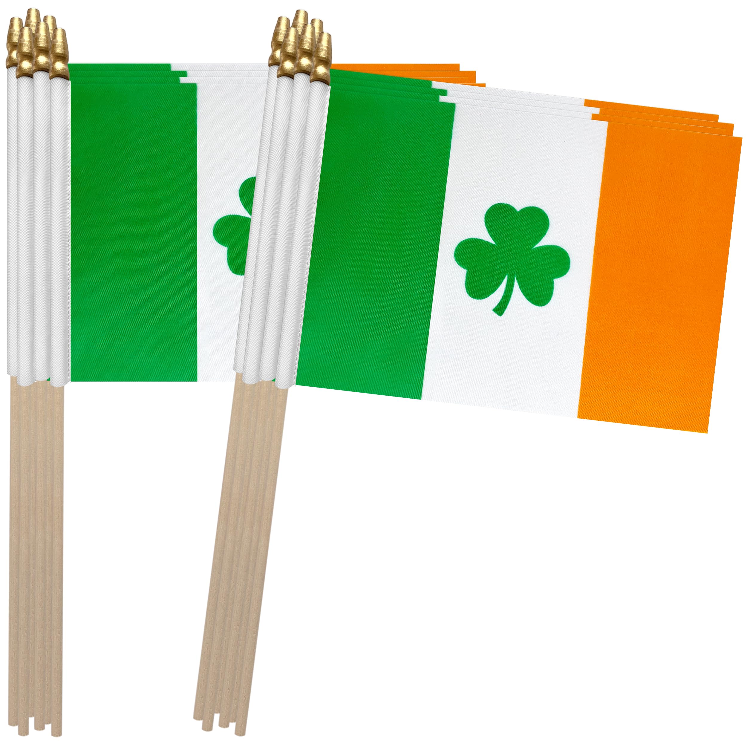 TSMD Ireland shamrock flag on a wooden stick for festive decor.