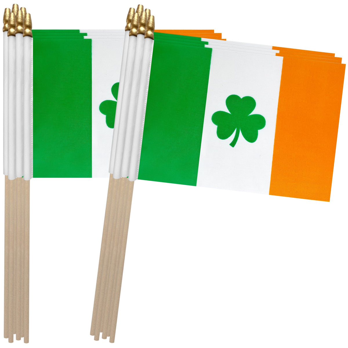 TSMD Ireland shamrock flag on a wooden stick for festive decor.