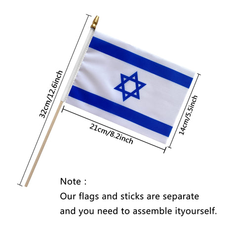 TSMD Israel flag with wood stick in a 12-pack, great for group displays.