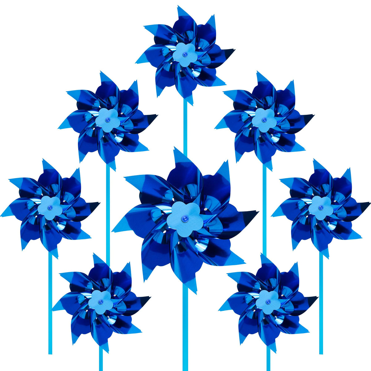 Tsocent blue pinwheels ready for quick assembly to brighten garden decor.