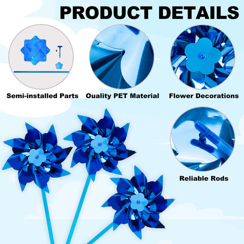Tsocent blue pinwheels in outdoor yard setting showcase vibrant motion.
