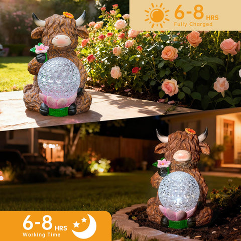 TSTGEE Highland Cow garden decor glowing softly at dusk adds warmth.