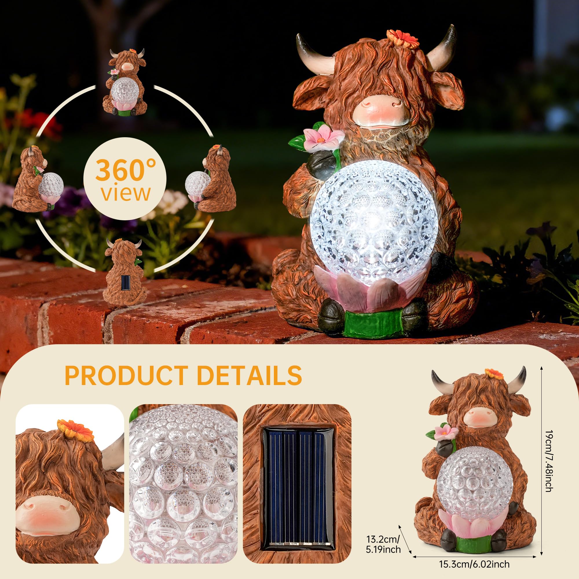 TSTGEE Highland Cow polyresin sculpture brightened by LED ball for outdoor ambiance.