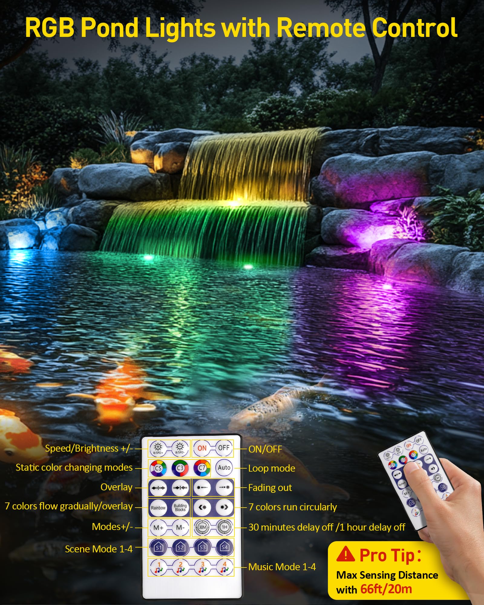 T-SUN 2-in-1 install submersible pond light example on pond bottom.