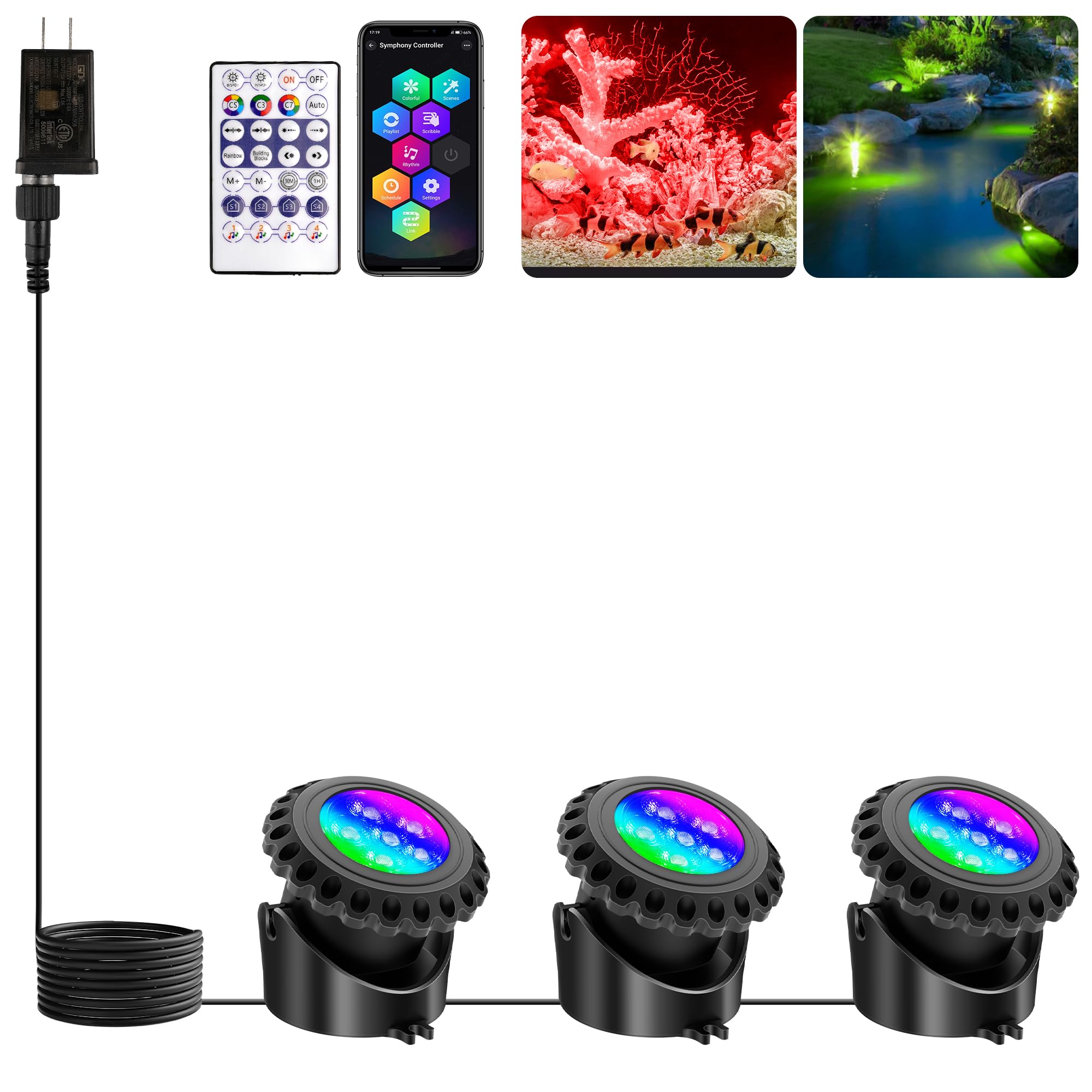 T-SUN pond lights provide vibrant underwater glow for serene pond ambiance.