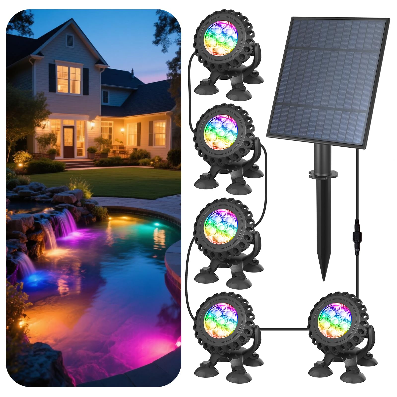 T-SUN pond lights installed in a pond for bright nighttime illumination.