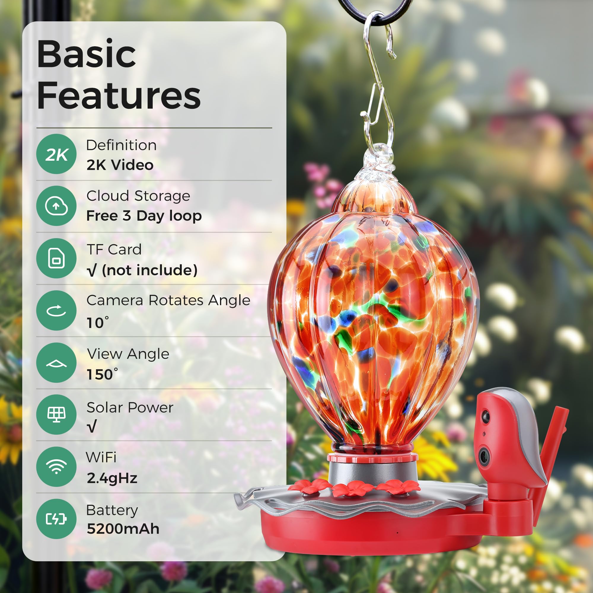 TT Nature bionic design hummingbird feeder with flower spout and camera