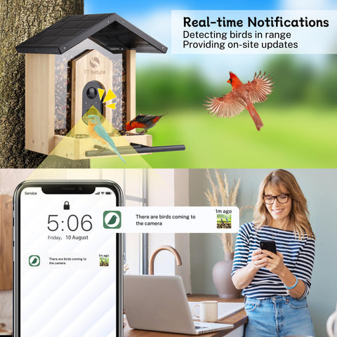 TT Nature Bird Feeder with Camera close-up lens highlights camera details and AI features.