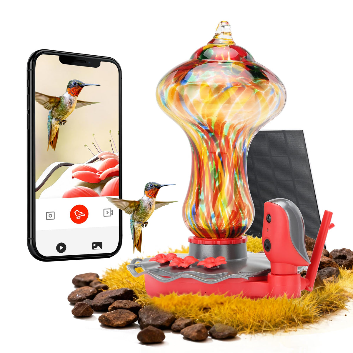 TT Nature glass smart hummingbird feeder with anti-ant moat protects nectar outdoors