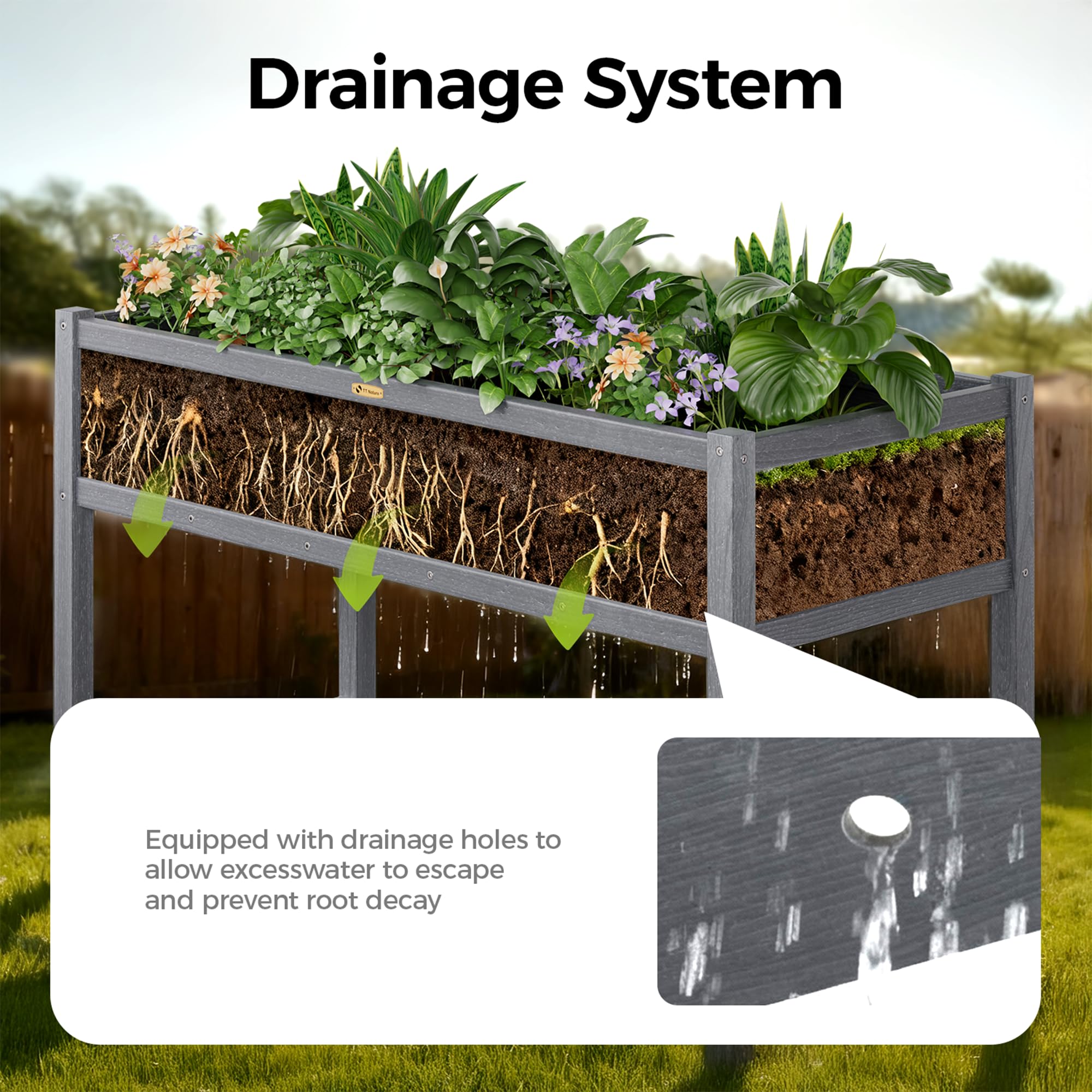 TT Nature raised bed drainage system demonstrates bottom holes for healthy soil.