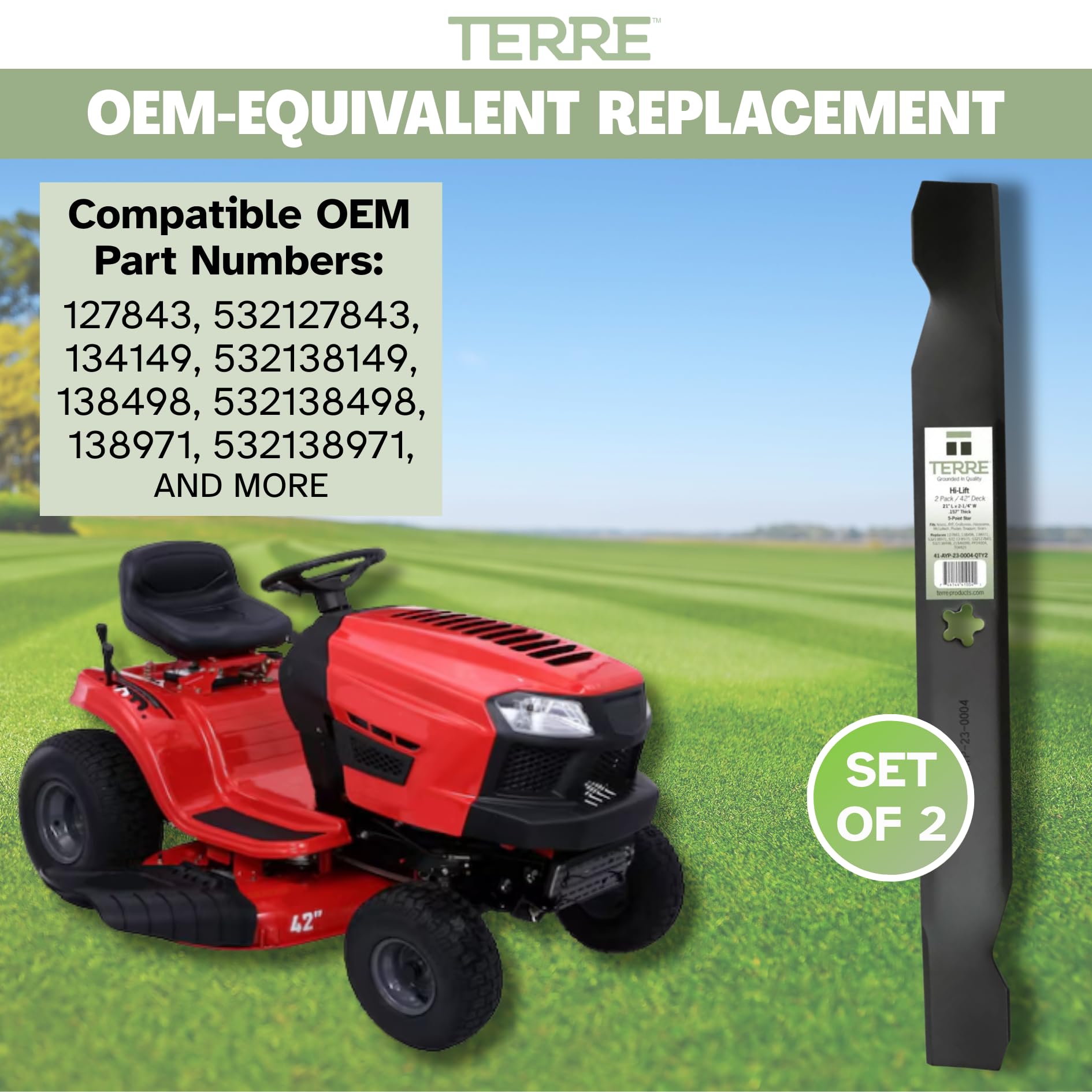 T TERRE high lift blade with 5-point center hole for secure mounting.