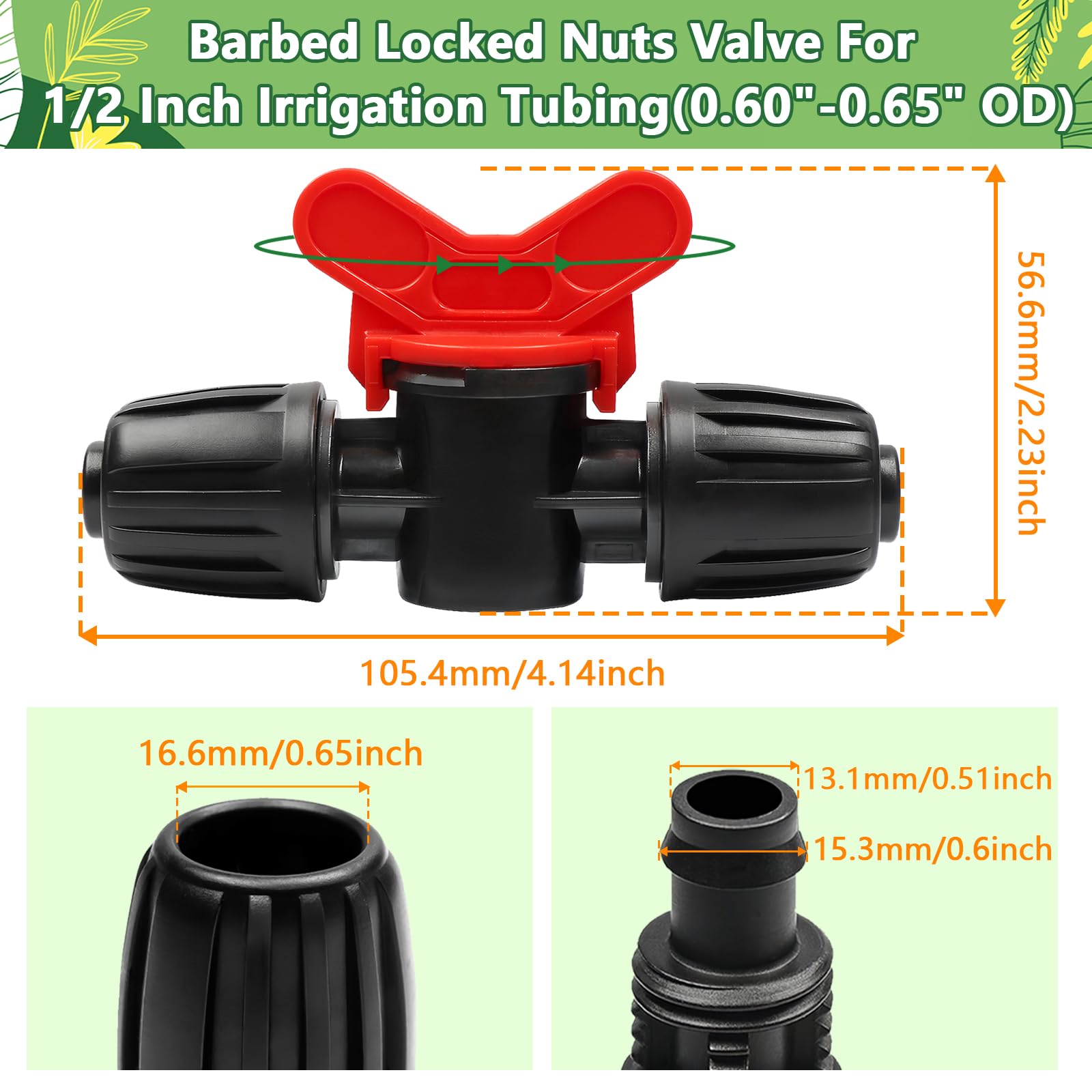 TTioDri barbed locked valve connector shown on 1/2 inch tubing for easy installation.
