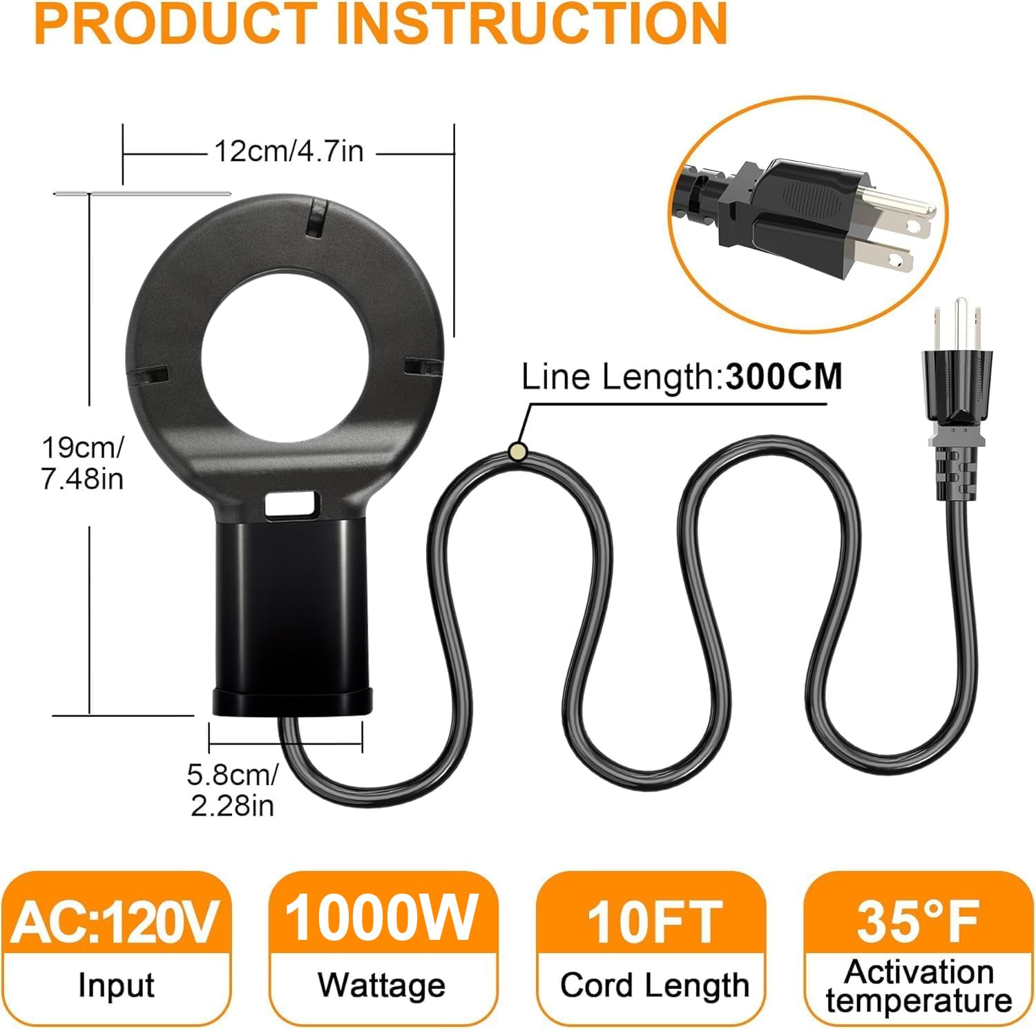 Ttnde 1000W de-icer plugged in with a 10ft cord for outdoor waterers.