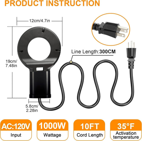 Ttnde 1000W de-icer plugged in with a 10ft cord for outdoor waterers.