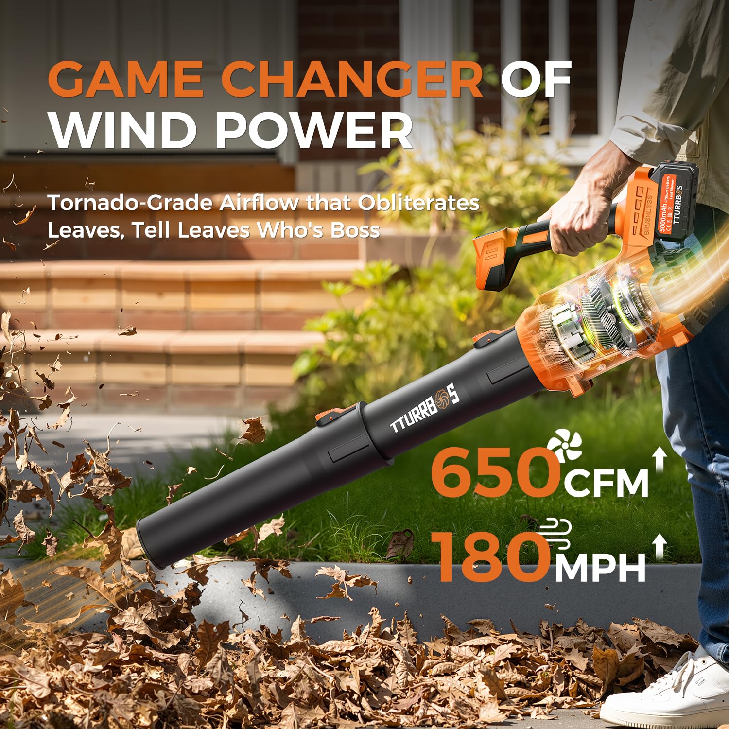 Tturrbos leaf blower delivers 180 MPH turbo power for stubborn debris.