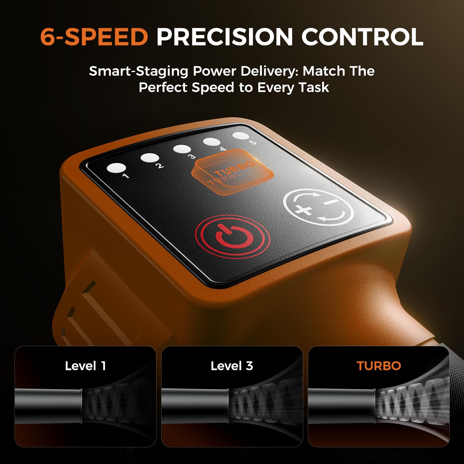 Tturrbos cordless blower with 6 speed controls for precise yard work.