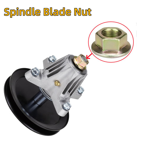 TUAIC spindle nut shown on blade side installation for mower maintenance