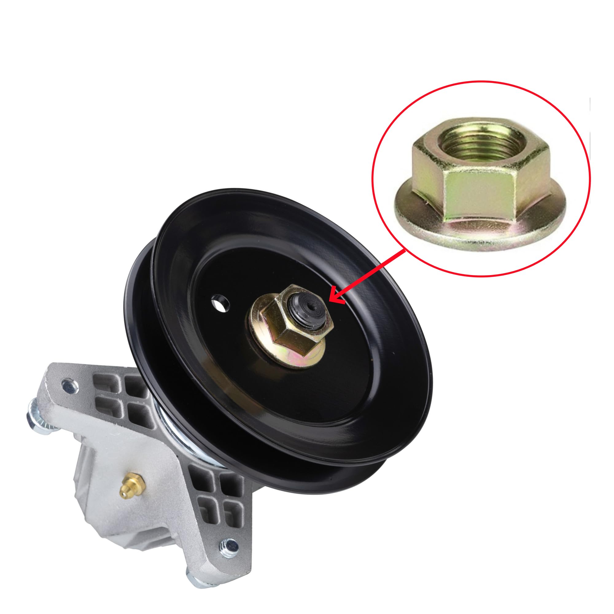 TUAIC spindle nut shown on pulley side installation for versatility