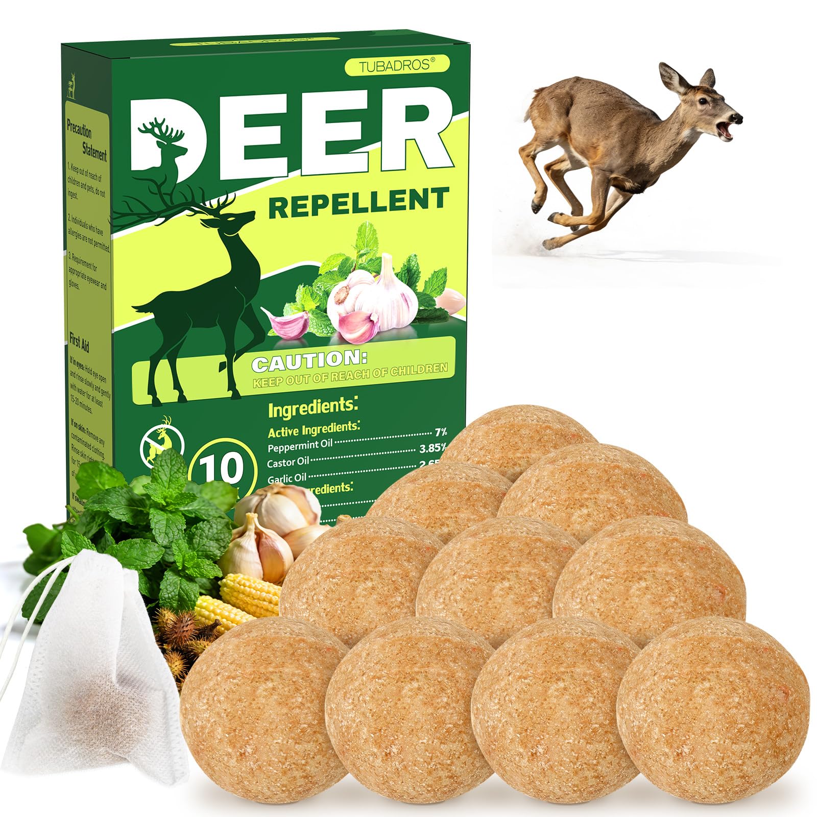Tubadros peppermint deer repellent bottle protects gardens from browsing deer