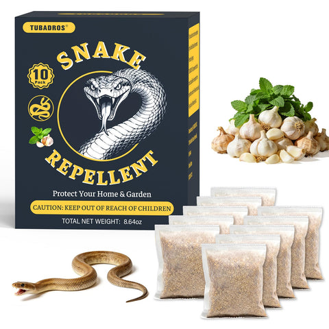 Tubadros Snake Repellent Pouches packaging shows 10-pack for chemical-free protection