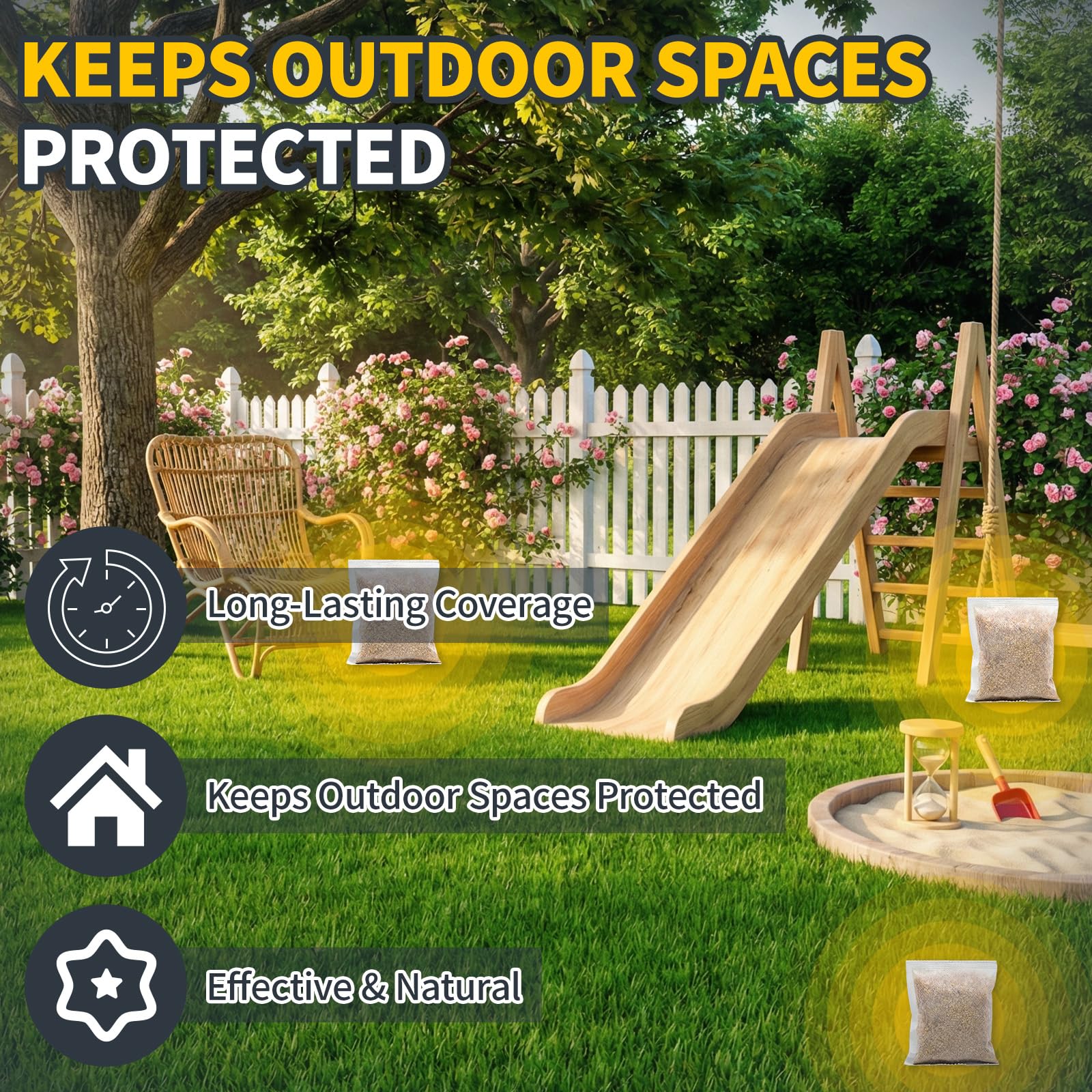 Tubadros pouches near a patio setup deter wildlife in outdoor space
