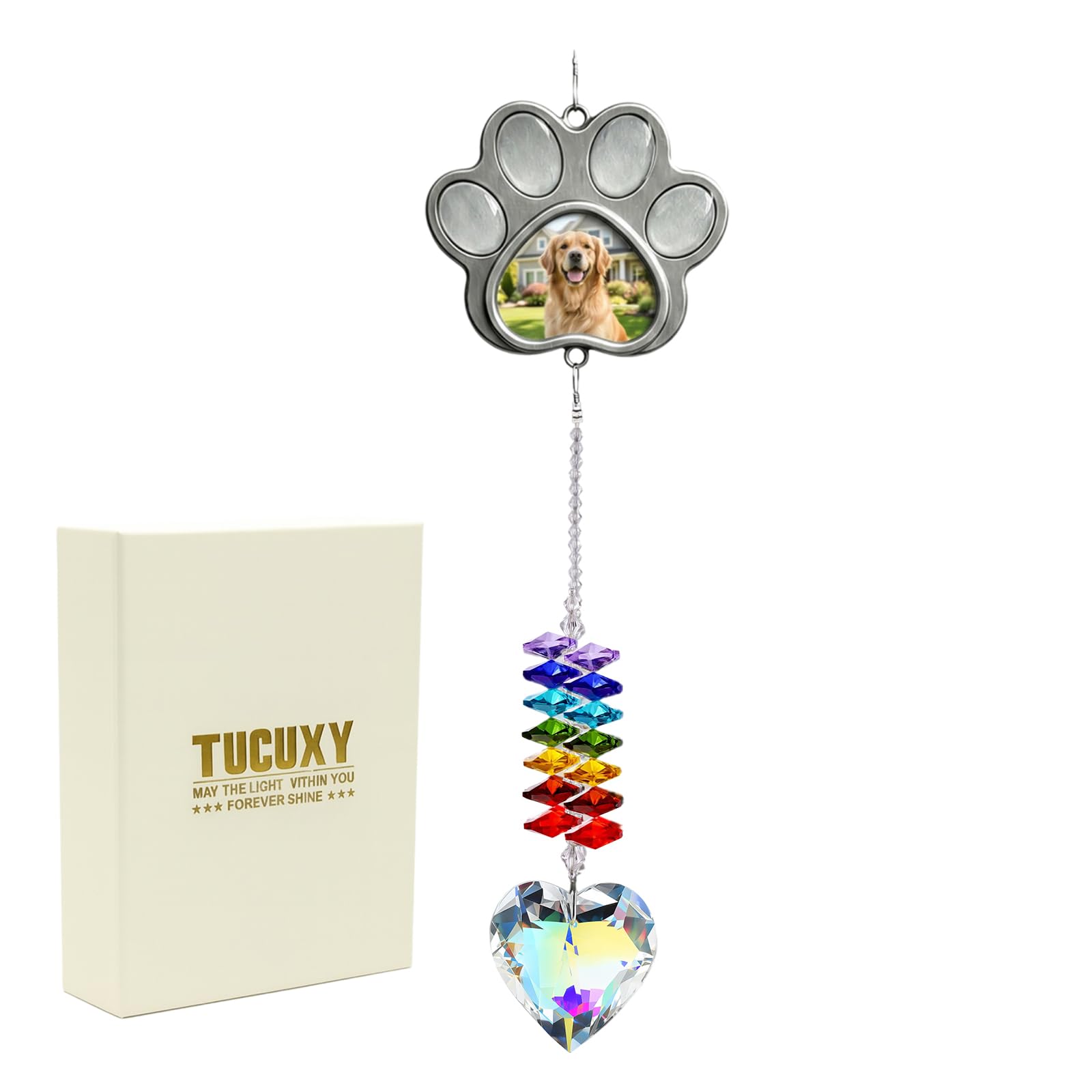 TUCUXY dog memorial suncatcher with paw frame catching sunlight for daily remembrance.