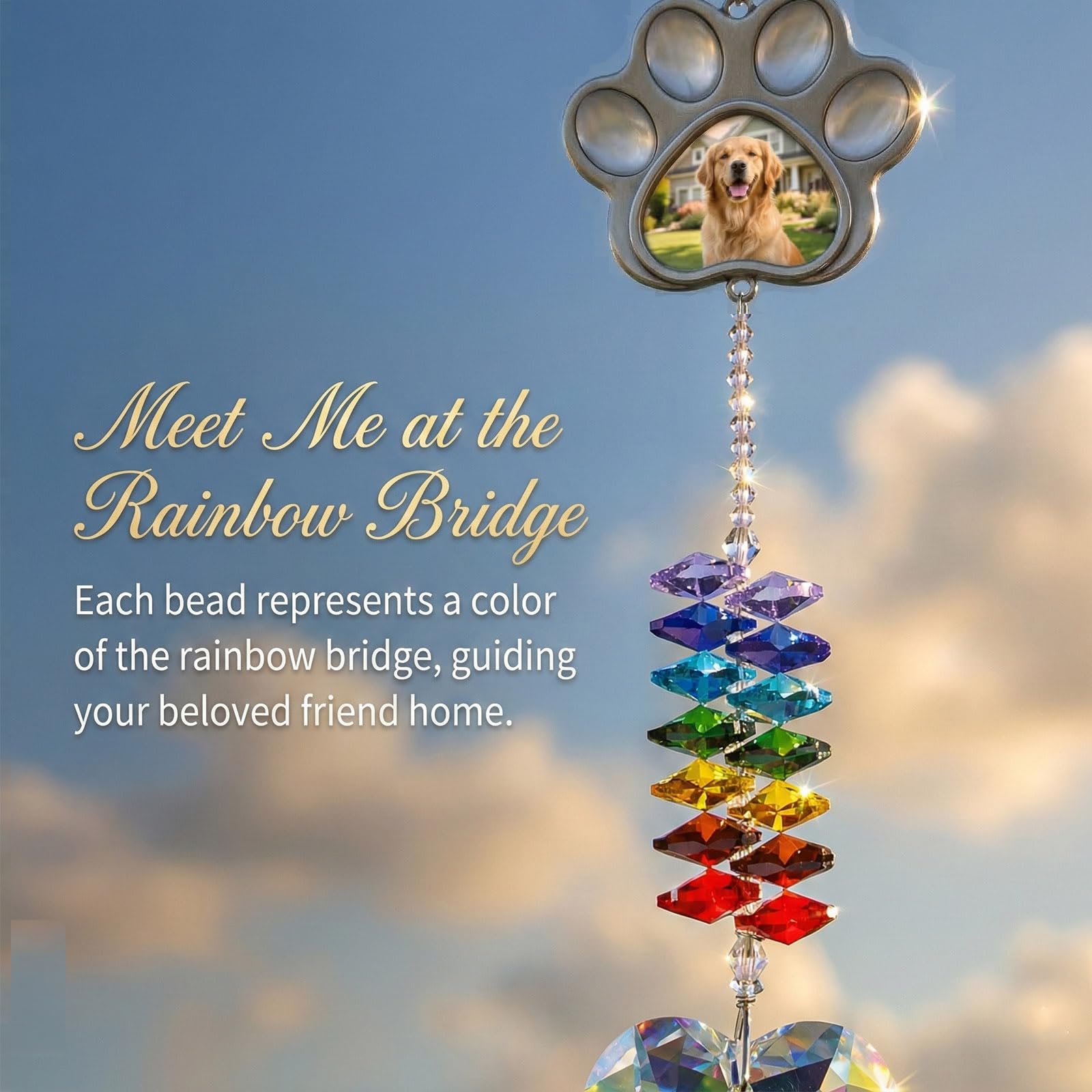 TUCUXY rainbow bridge remembrance with crystal facets catching sunlight.