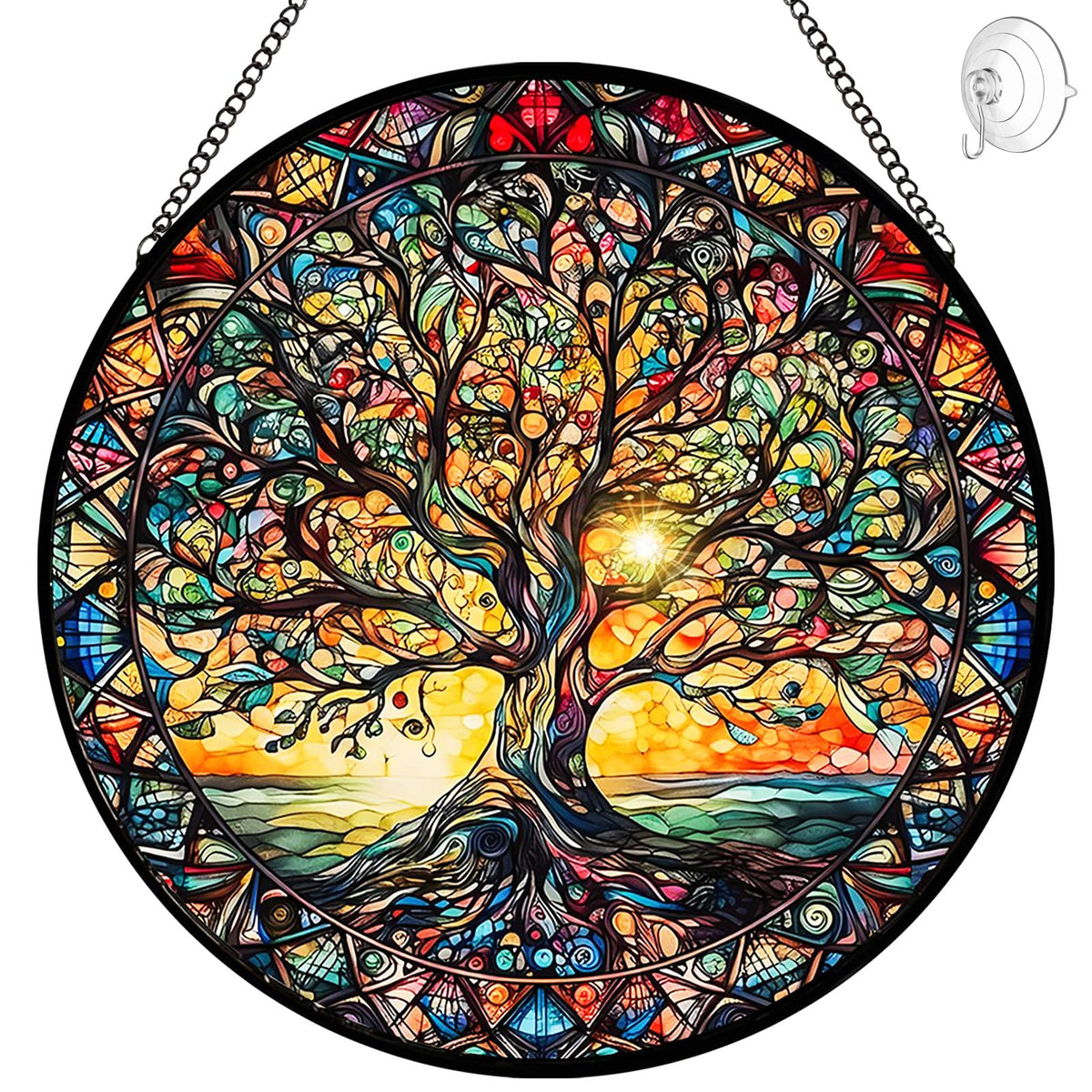 Tufeu Tree of Life suncatcher closeup showing vibrant glass for sunlit windows